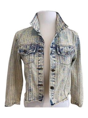 Veveret Multi Color Rhinestone Cropped Denim Jacket Y2K Bedazzled Bling Glam